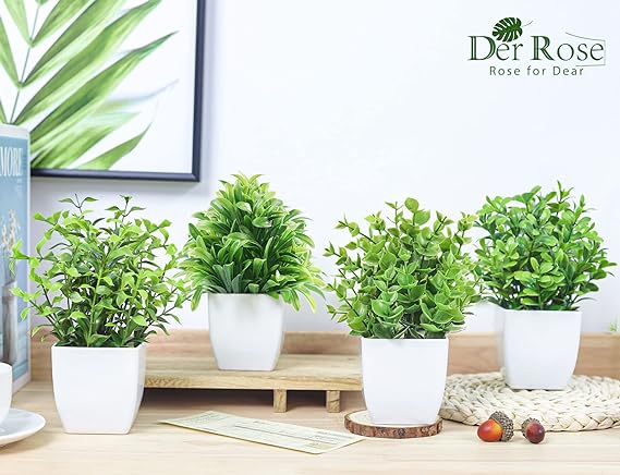 Deer Rose Mini Artificial Plants in Vases for Bedroom Living Room Decoration, 6pcs